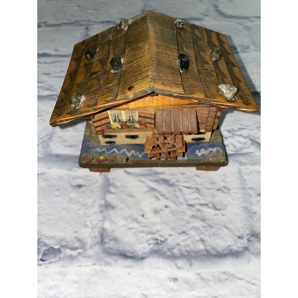 Vintage painted wood Swiss chalet music box working water wheel Switzerland